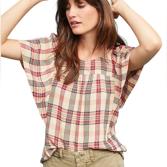 Anthropologie Maeve Priscilla Plaid Print Flutter Sleeve Blouse - M - Picture 3 of 15